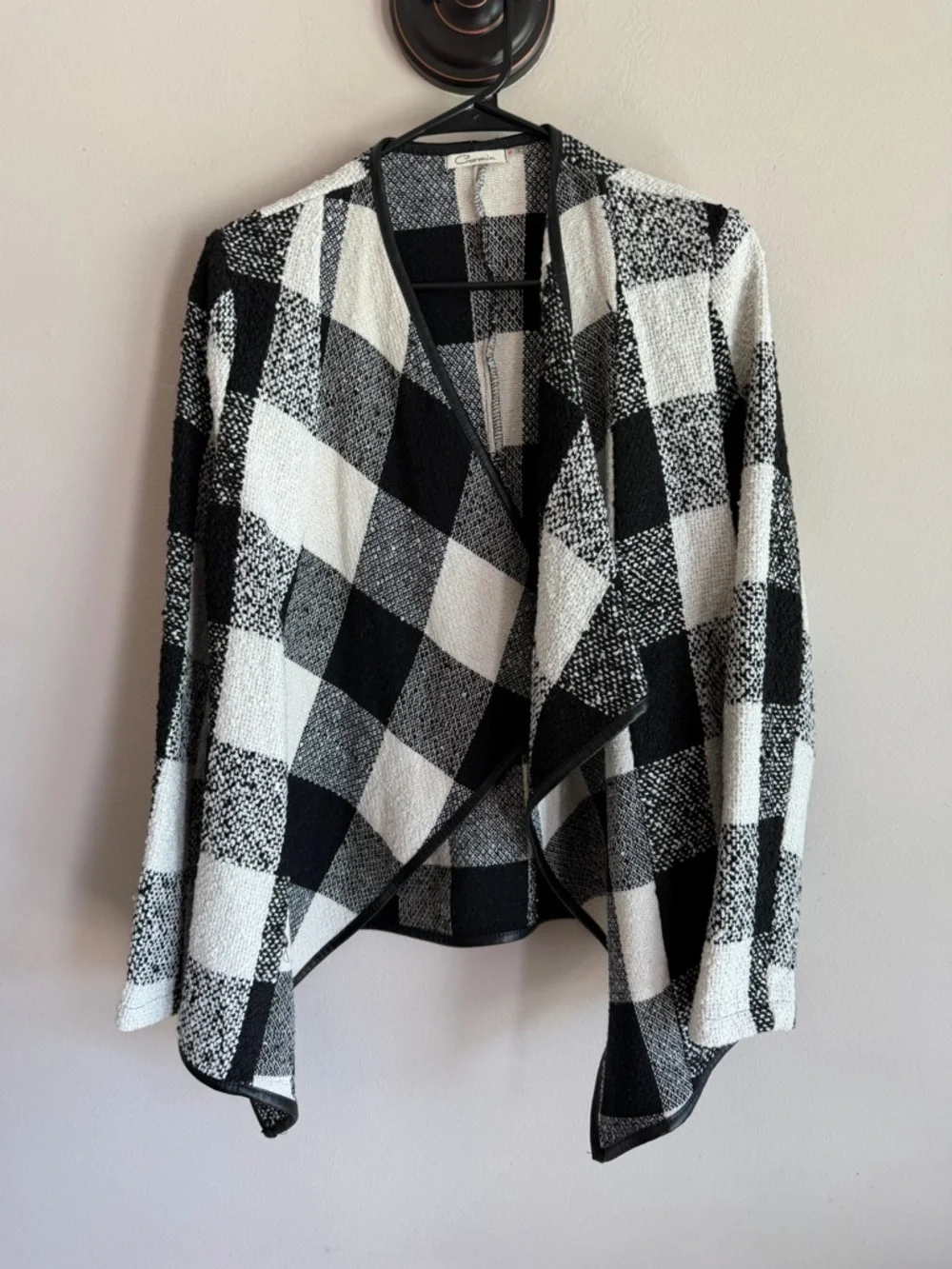 Carmin Buffalo Plaid Draped Open Front Cardigan Black White Faux Leather Trim M - Picture 3 of 4